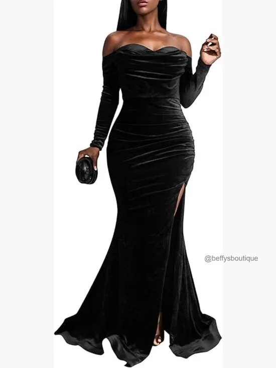 Long Sleeve Velvet Maxi Dress Off Shoulder Formal Evening Gown High Split - Picture 1 of 7